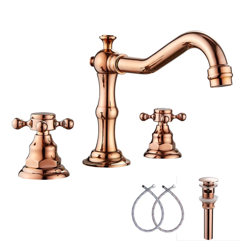GGStudy 8-16 inch Two Handles 3 Holes Widespread Bathroom Sink Faucet Copper Basin Mixer Tap Faucet Matching Metal Pop Up Drain with Overflow - Image 1